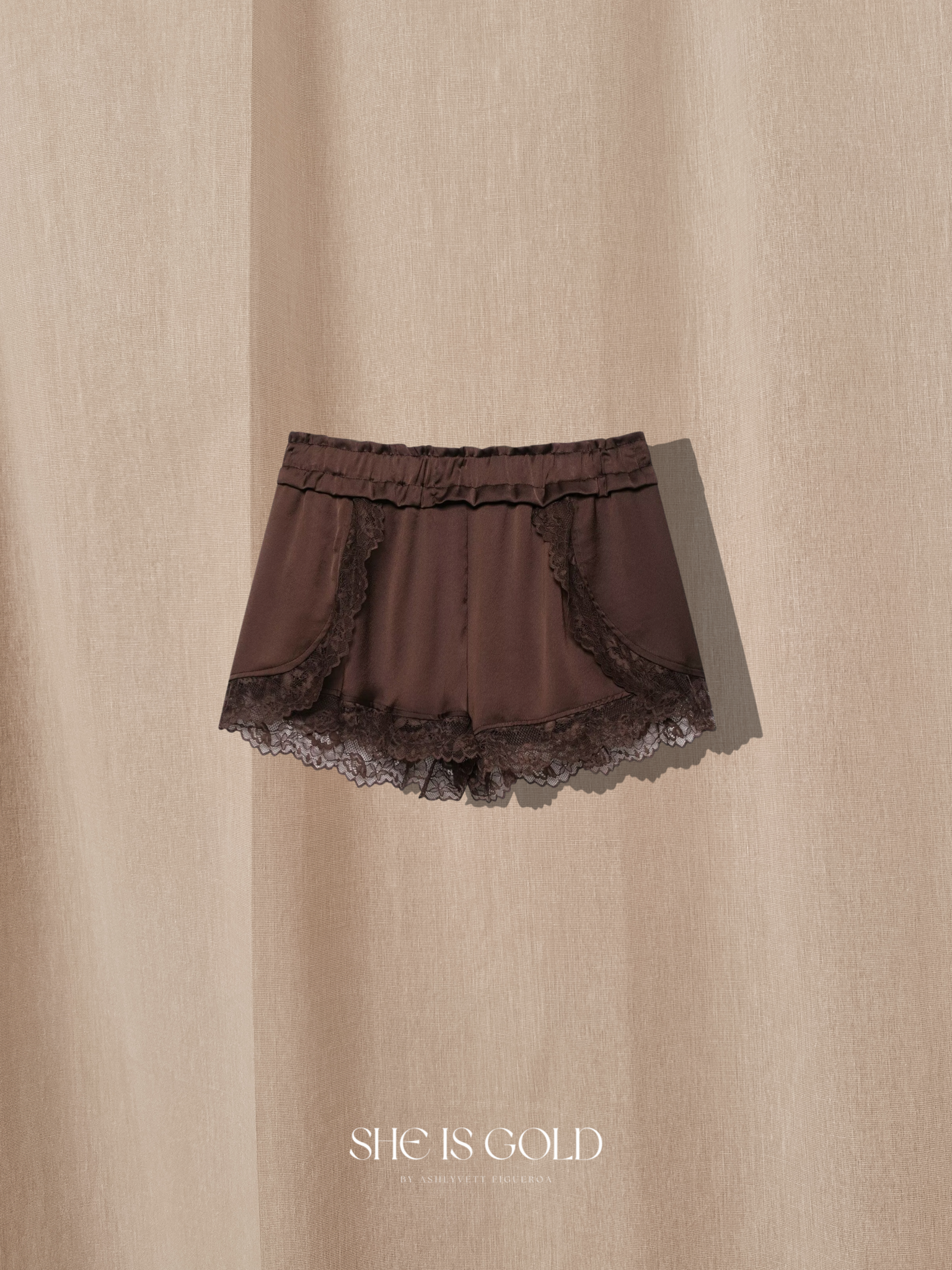 Brown Lace Satin Shorts